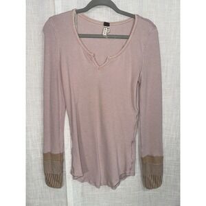 FREE PEOPLE Kyoto Patchwork Crochet Cuff Long Sleeve Thermal Blush Pink S